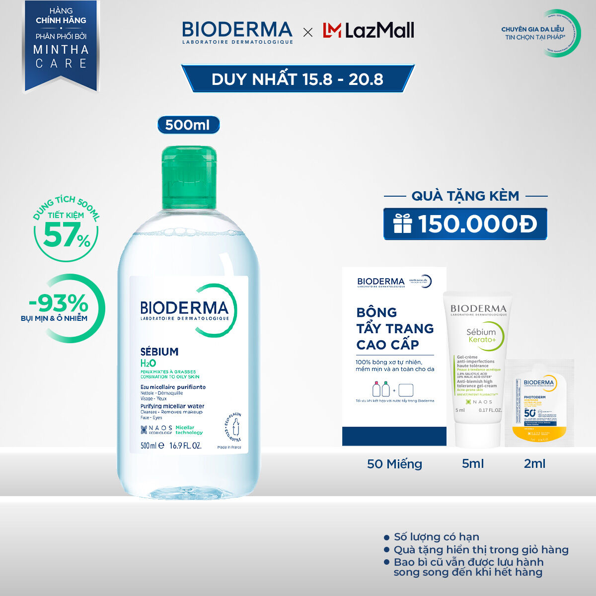 Dung dịch làm sạch và tẩy trang micellar cho da hỗn hợp, da dầu và da mụn Bioderma Sebium H2O - 500ml