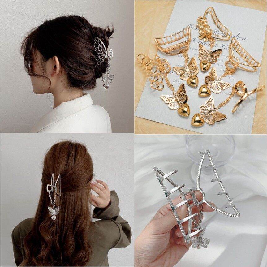 VANZE Kẹp Càng Cua Kẹp Tóc Kim Loại Hình Bươm Bướm Phối Dây Dễ Thương Phong Cách Trung