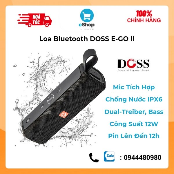 Loa Bluetooth DOSS E-GO II, Chống Nước IPX6, Công Suất 12W, Mic Tích Hợp, Dual-Treiber, Bass, Pin Lên Đến 12h