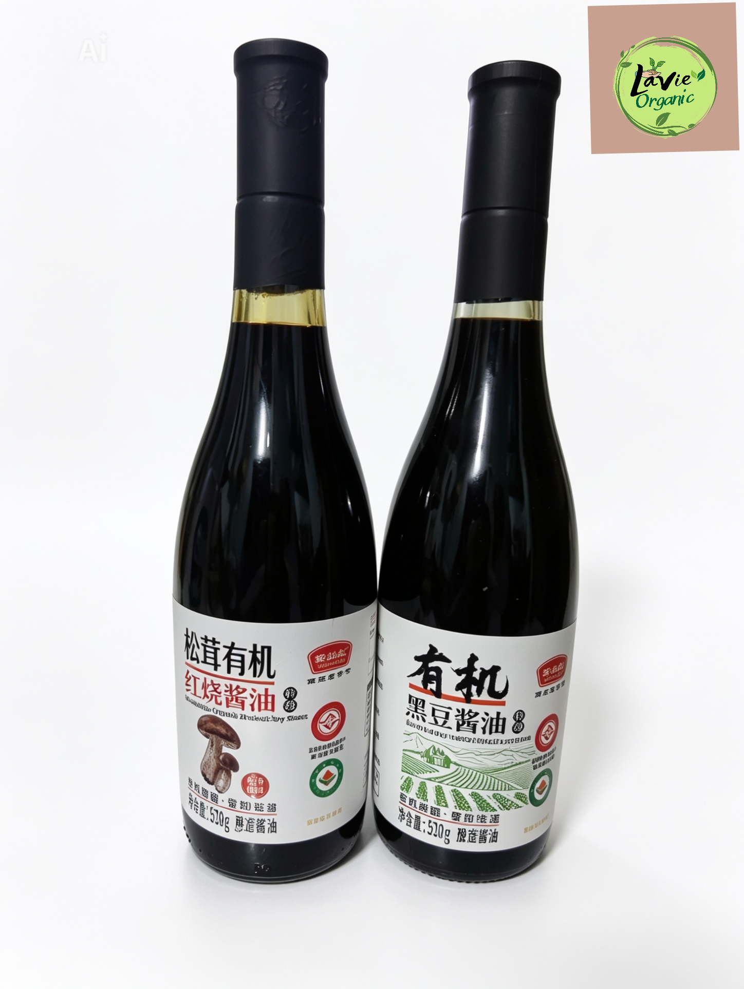 Nước tương đậu nành đen hữu cơ nguyên vị và nước tương đậu nành đen nấm matsutake hữu cơ chai thủy tinh 528g