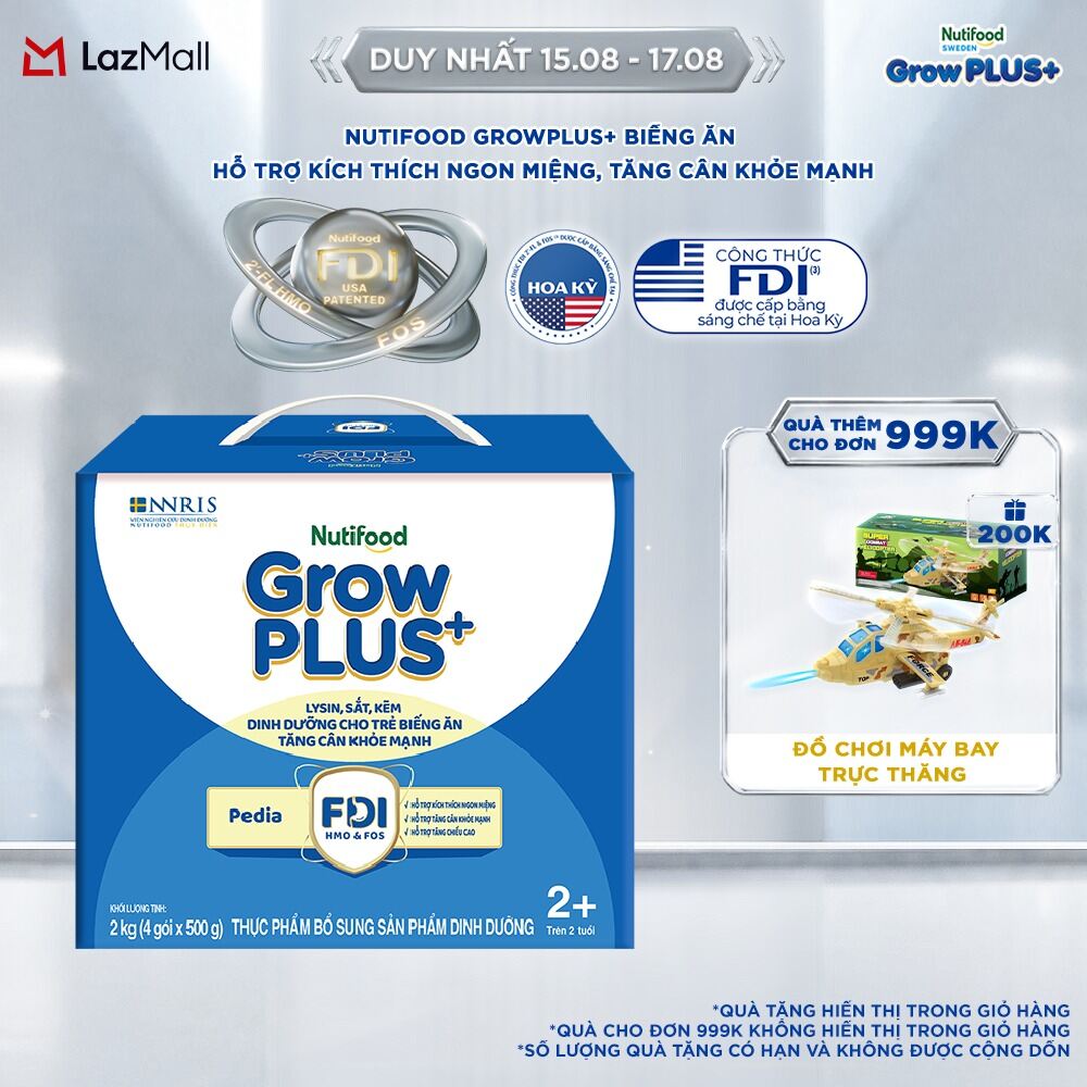 Sữa Bột Nutifood GrowPLUS+ Biếng Ăn (Xanh) 2+ - Hỗ Trợ Kích Thích Ngon Miệng, Tăng Cân Khỏe Mạnh (Hộp 2 Kg)