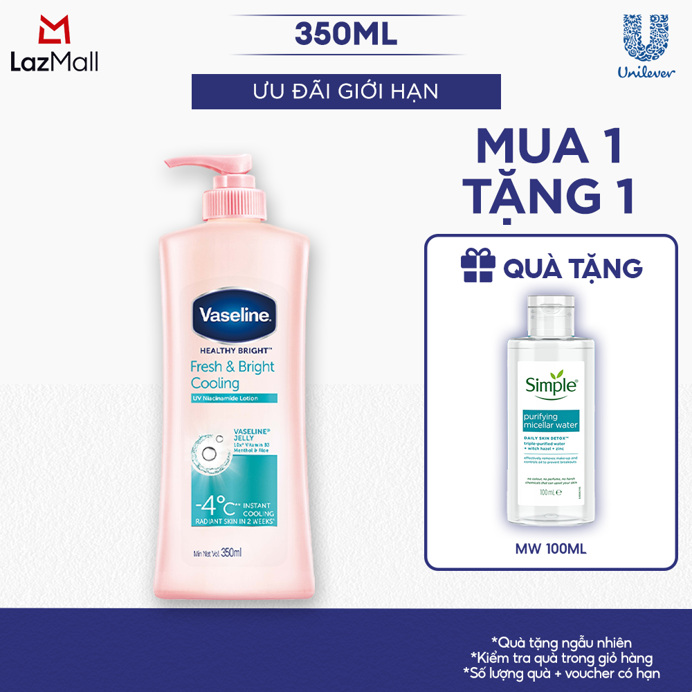 Sữa Dưỡng Thể Vaseline Dưỡng Ẩm Fresh  Bright 350ml 10x Niacinamide Da Sáng Khỏe Mịn Căng Tinh Chất Menthol Mát Lạnh