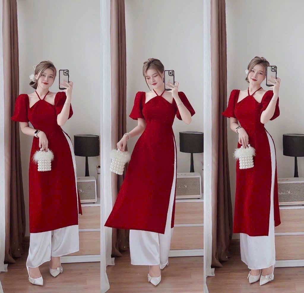 Set áo dài cổ yếm không nơ