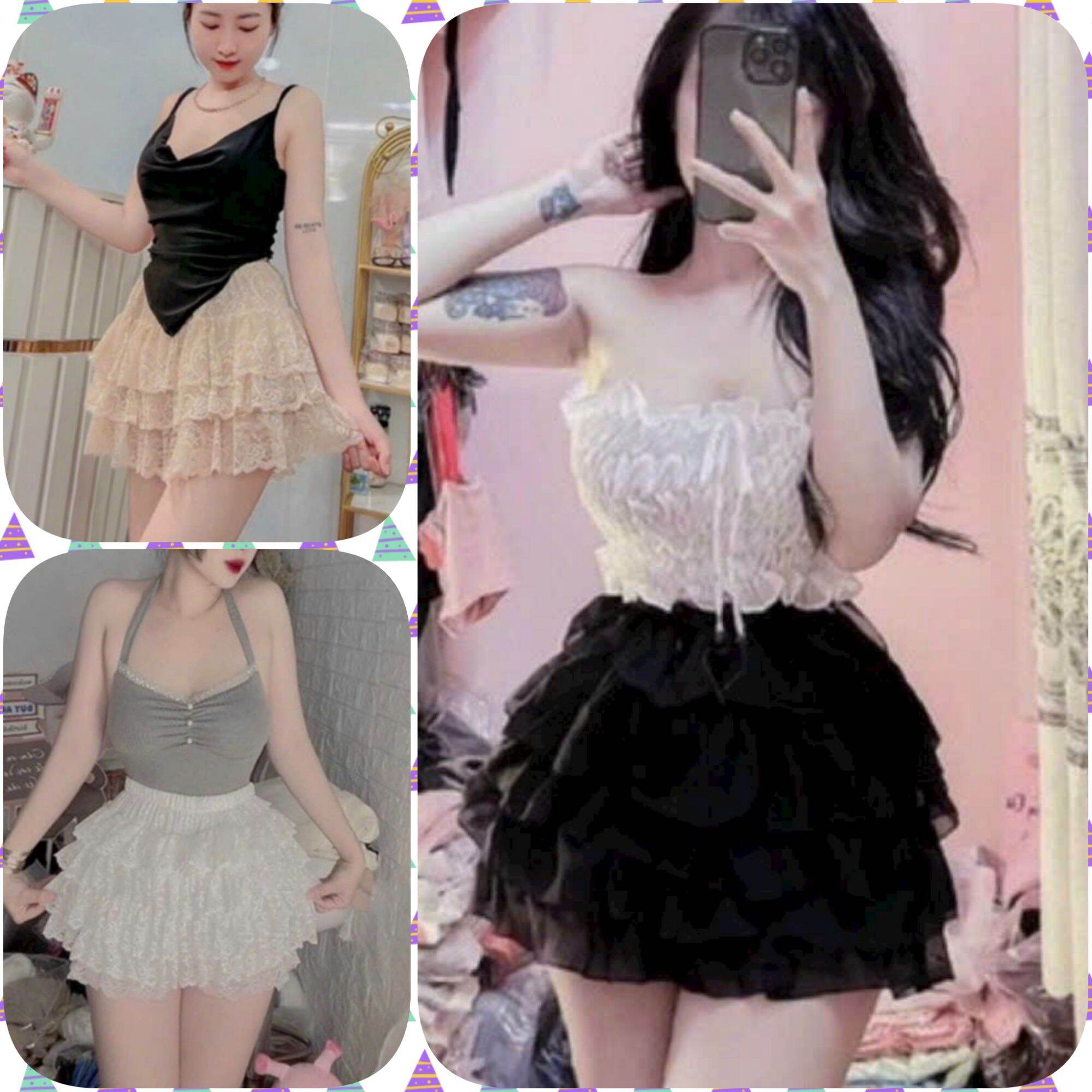 Quần đùi ren giả Váy nhiều tầng mặc ngủ đi chơiChân váy ren tầng gợi cảm