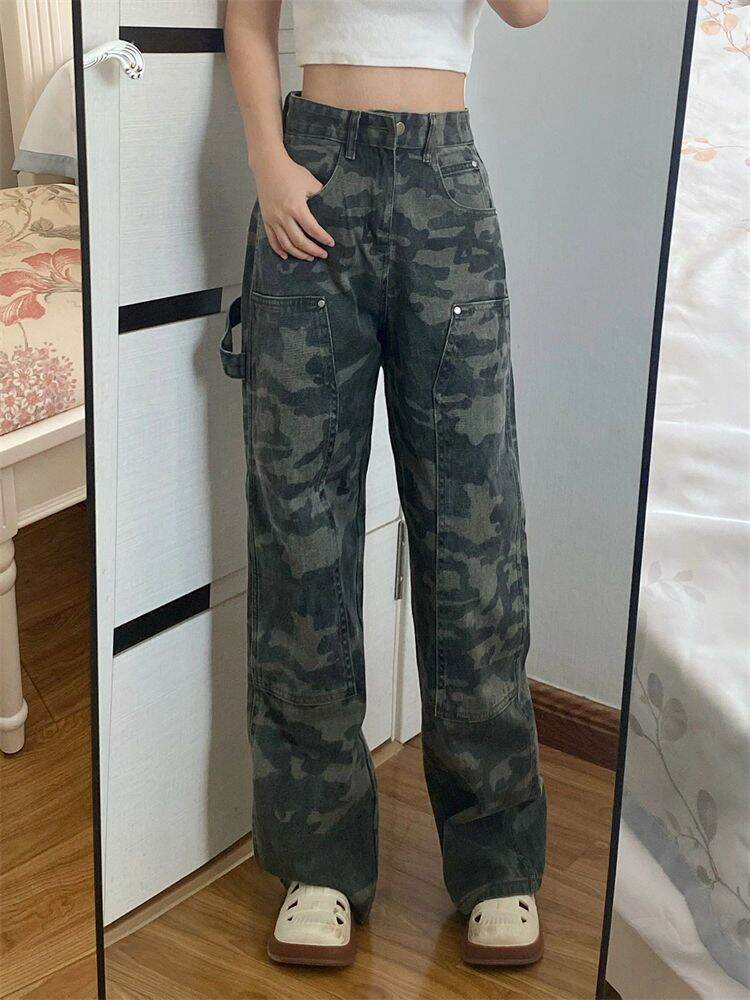 Quần Đi Làm Denim Rằn Ri Hiphop Cổ Điển Kiểu Mỹ Quần Ống Rộng Rộng Rãi Hiphop Đường Phố Mùa Hè Nam Nữ Quần Thường Ngày