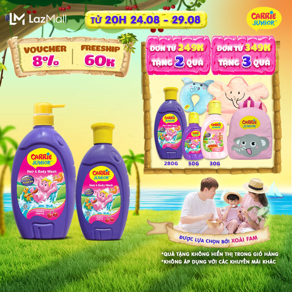 Combo Sữa Tắm Gội cho bé Carrie Junior chiết xuất trái cây thiên nhiên Hương Cherry: 700g + 280g