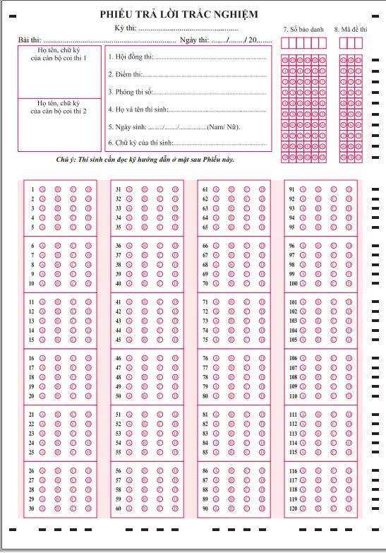 giấy thi trắc nghiệm theo mẫu chuẩn của bộ (100 tờ)