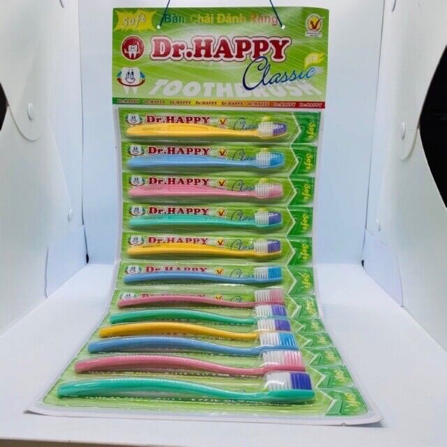 🗼 vỉ 12 cây bàn chải happy, người lớn, lông cứng, mẫu mới