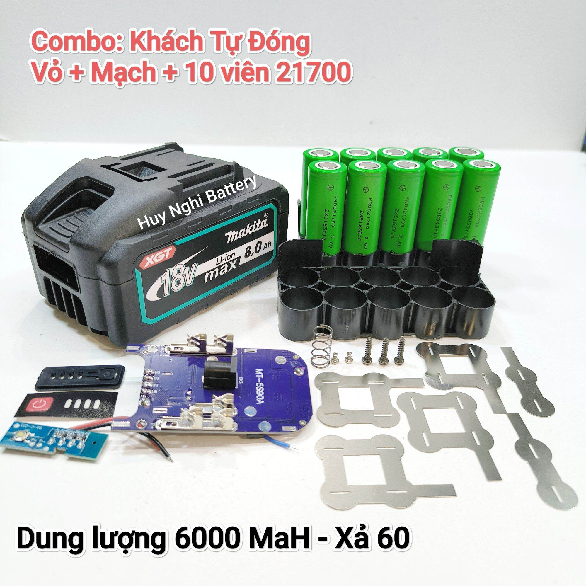 Combo: Vỏ 21700 + Mạch 5s80a + 10 Cell Samsung 40T