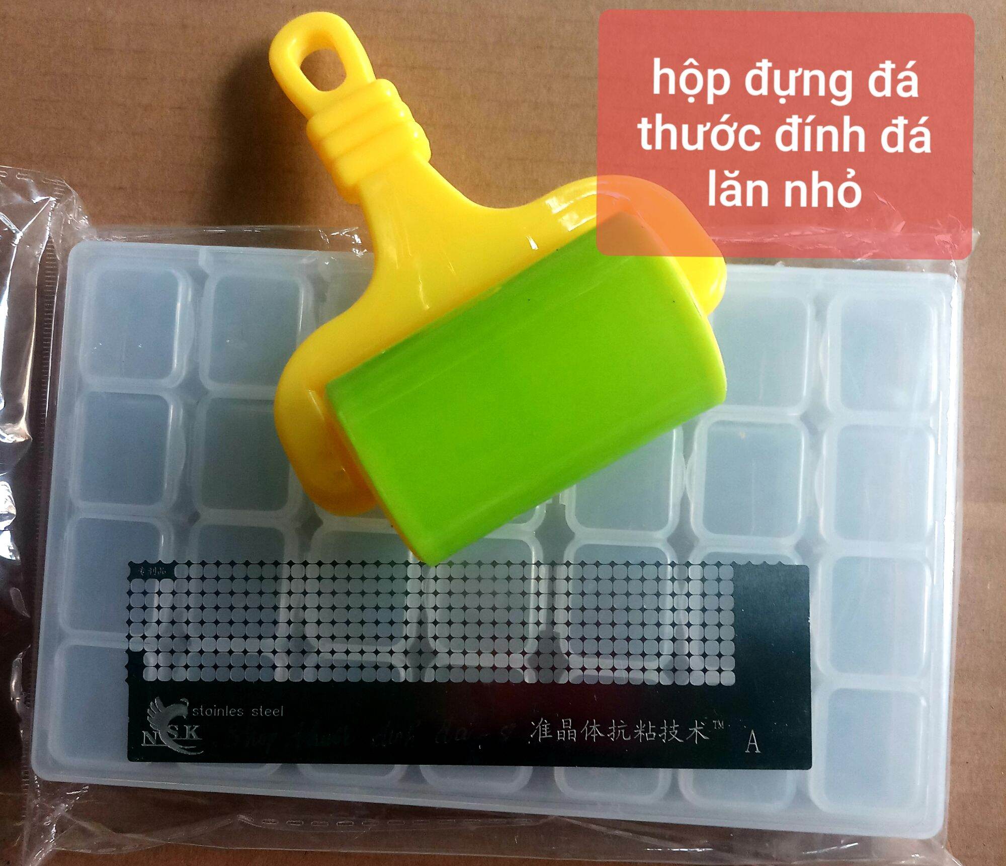 combo thước đính đá- hộp đựng đá trắng trơn- lăn đá