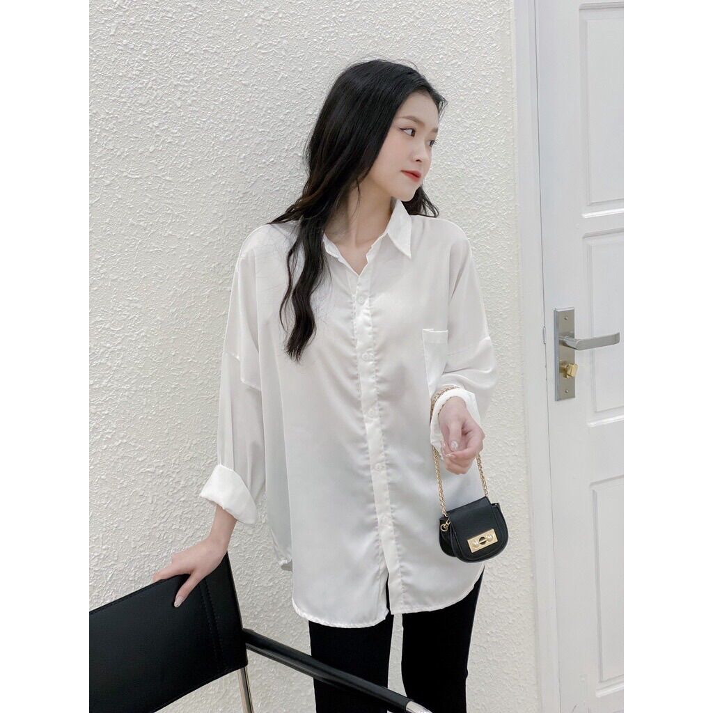Áo sơ mi trắng basic túi ngực dáng rộng Lumii