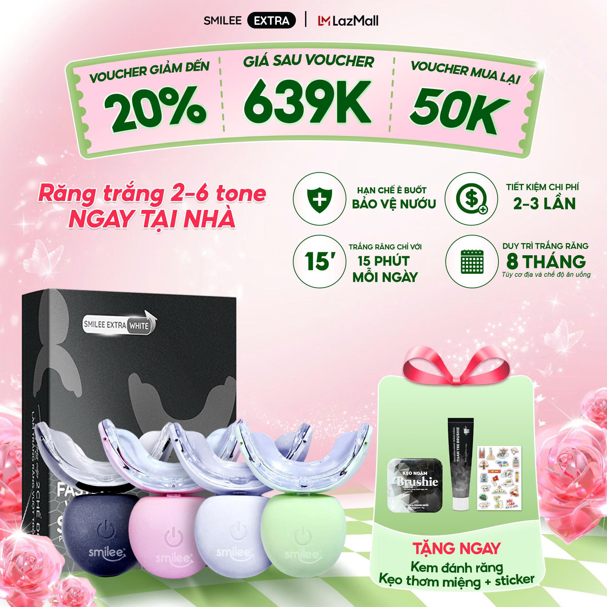 Trắng răng Smilee Extra, trắng răng từ 2-6 tone sau một liệu trình giúp răng trắng sáng tự tin tại nhà. Hàng chính hãng