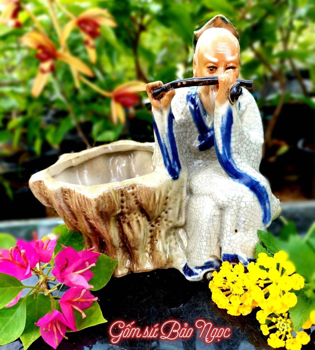 chậu tượng la hán ông thổi sáo men sứ cao cấp gốm sứ bảo ngọc bảo hành 20 năm