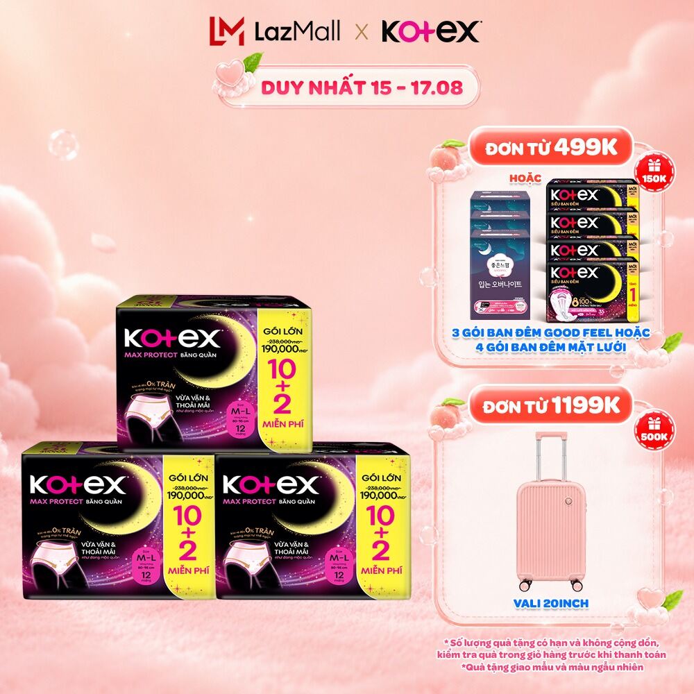 Combo 3 Băng Vệ Sinh Dạng Quần Kotex Ban Đêm Cỡ M/L (10+2) Miếng/Gói