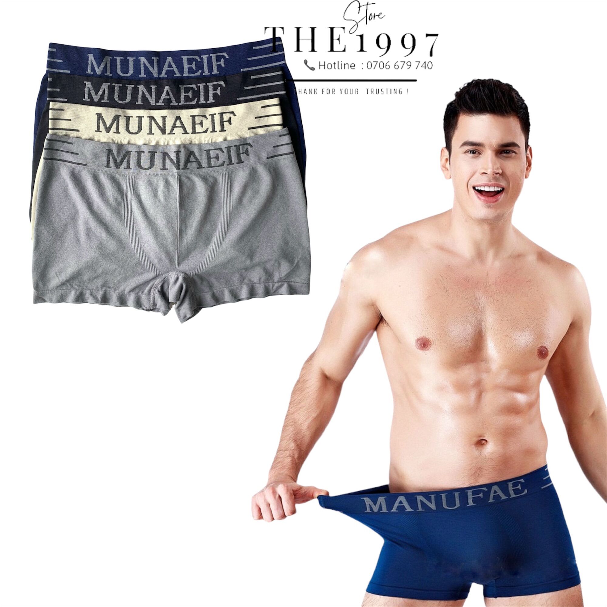 Quần lót nam Boxer thun co dãn 4 chiều cao cấp, quần sịp đùi nam manufie tặng kèm túi zip
