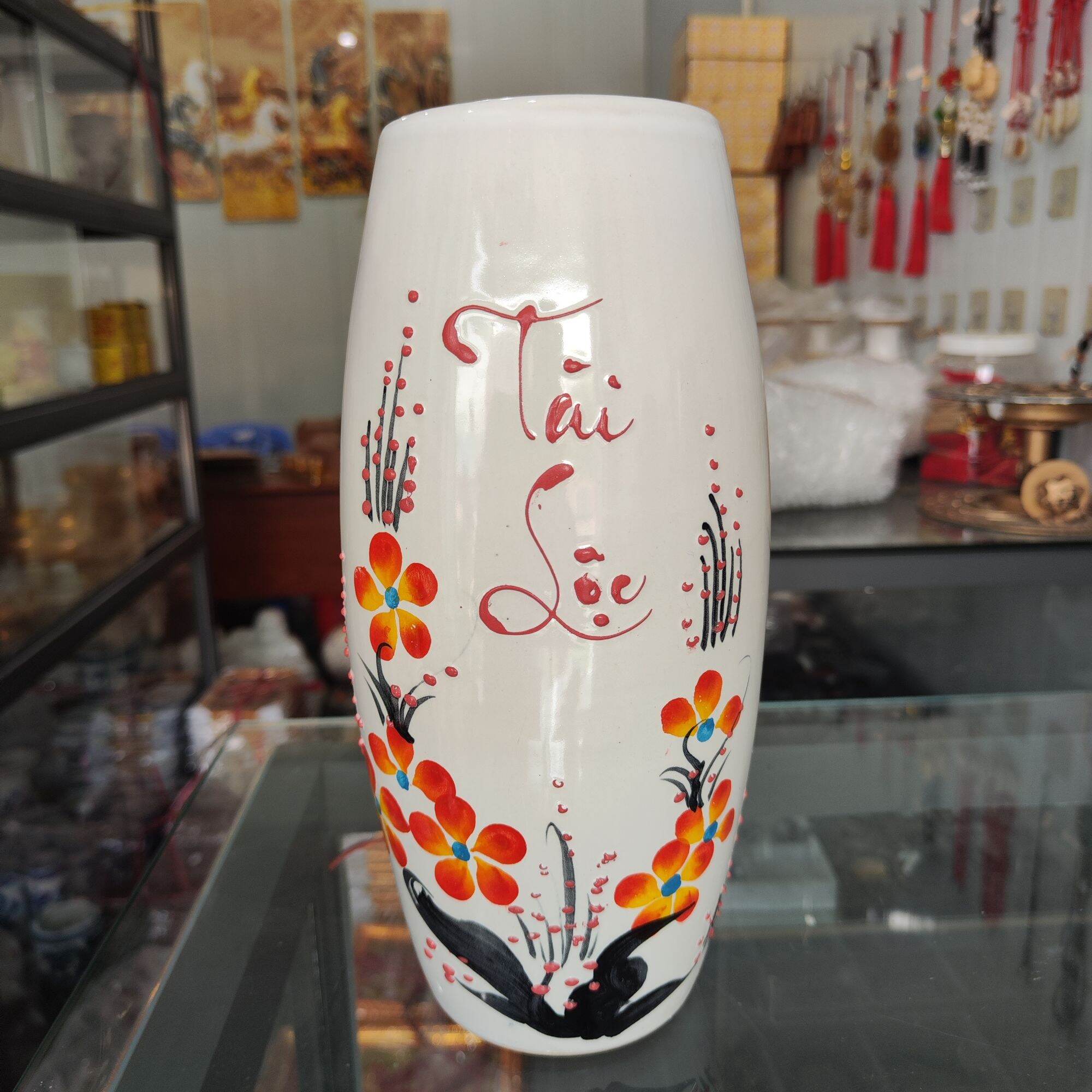 Bình bông lọ hoa tài lộc gốm sứ cao 27cm