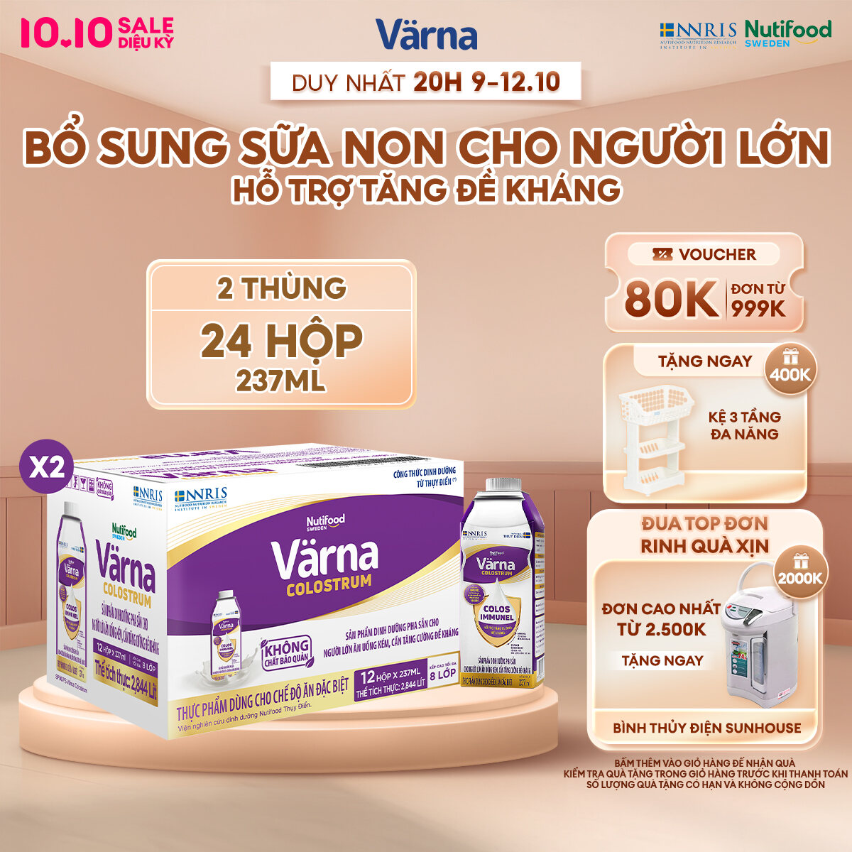 Combo 2 Thùng 12 hộp sữa bột pha sẵn Varna Colostrum (24 hộp giấy x 237ml) - Sữa non cho người lớn, Tăng đề kháng nhanh