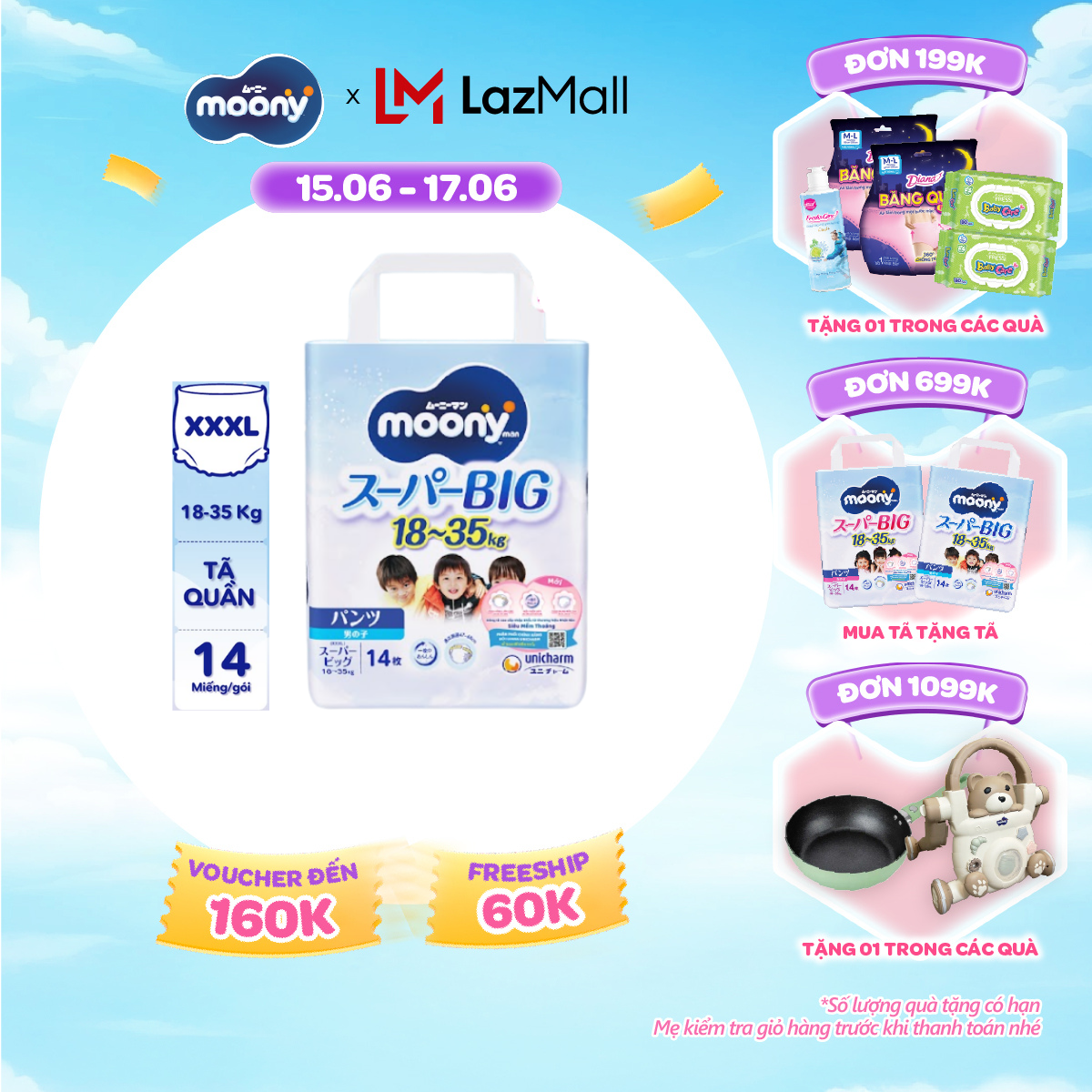 [SALE GIỮA THÁNG tặng QUÀ TO-SLCH] Tã quần cao cấp Moony Bé Trai XXXL14 miếng - Nhập khẩu từ Nhật Bản