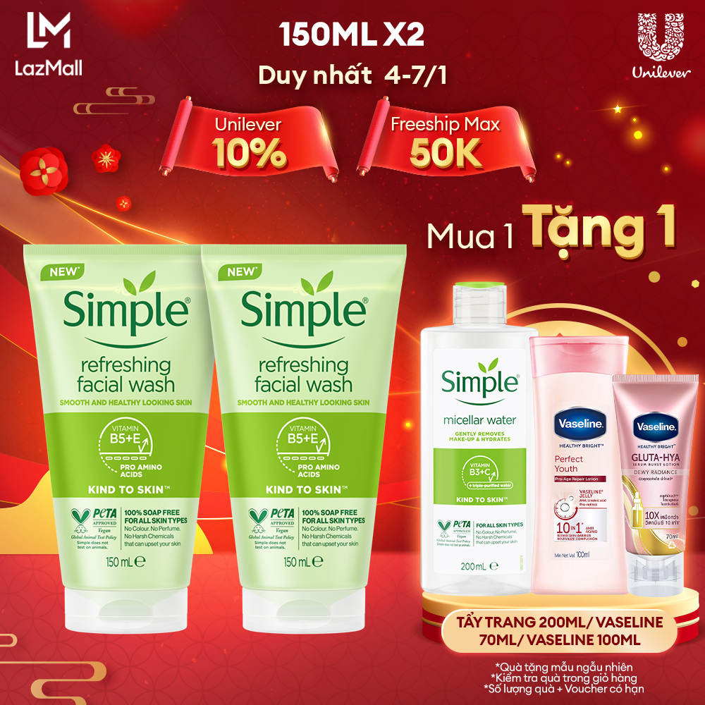 Combo 2 Sữa rửa mặt Simple lành tính sạch thoáng - cho da nhạy cảm 150ml/chai