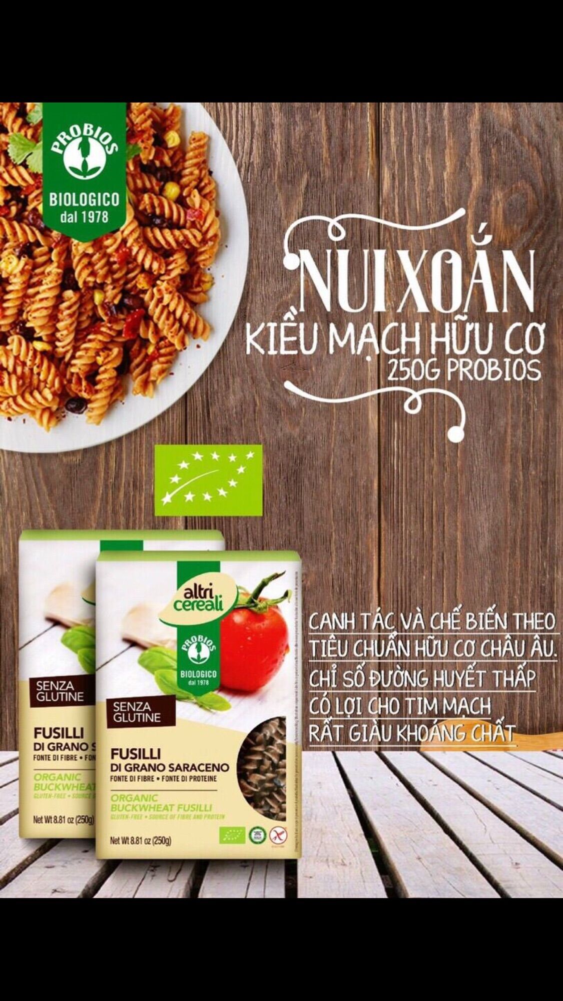 [Tách lẻ 50g] Nui xoắn kiều mạch hữu cơ Probios- Ý