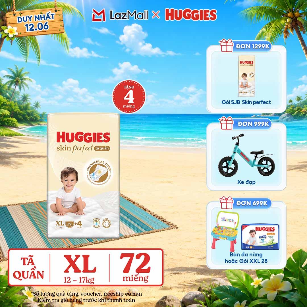 [Chỉ 22-24.06 QUÀ TẶNG ĐH 699K]  Tã quần Huggies Skin Perfect XL Mega Jumbo 72+4 miếng với 2 vùng thấm giảm kích ứng da - Nhiều Phiên bản