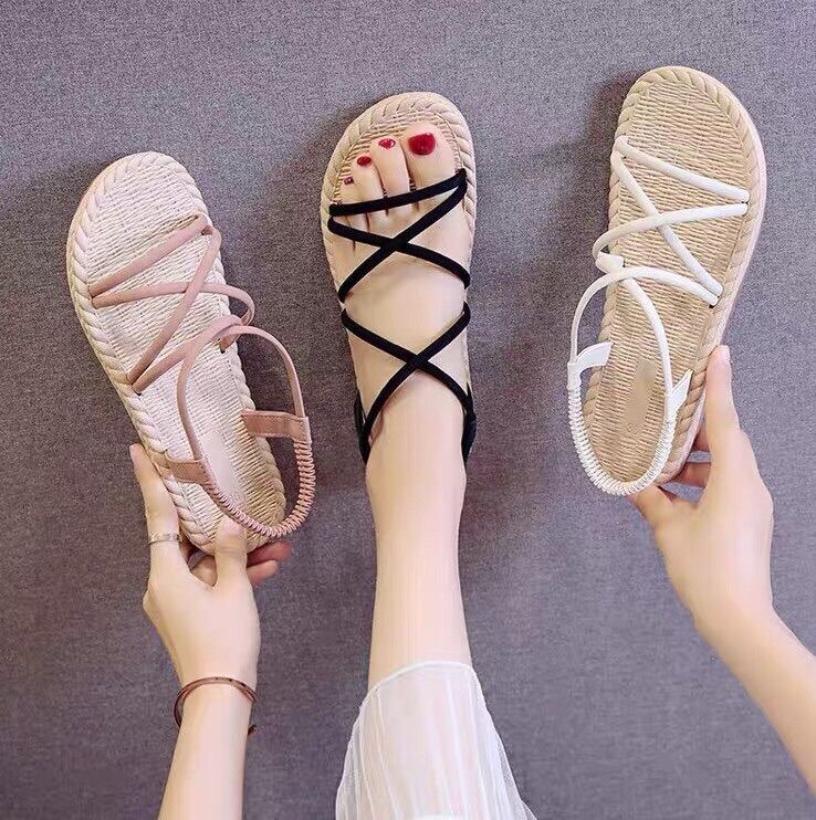 Sandal nữ đế giả cói quai chéo chiến binh đế nhẹ đi êm chân G002 (Đen, Nude)