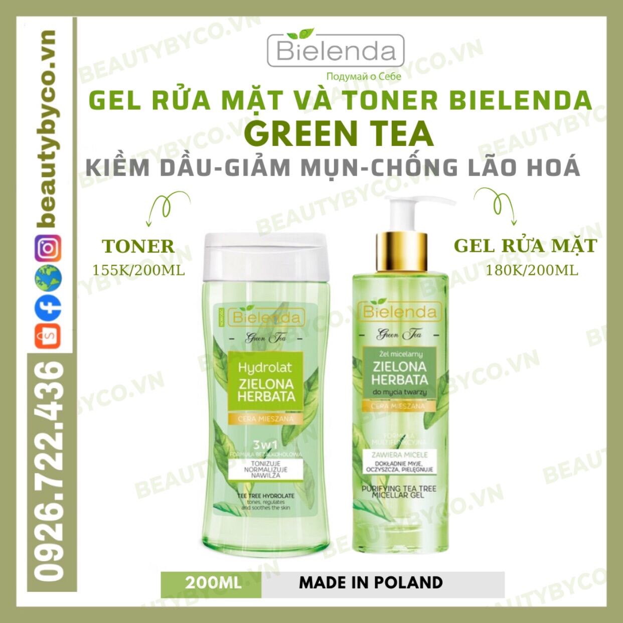 Gel Rửa Mặt & Toner Bielenda Green Tea Làm Sạch Sâu Kiềm Dầu Giảm Mụn