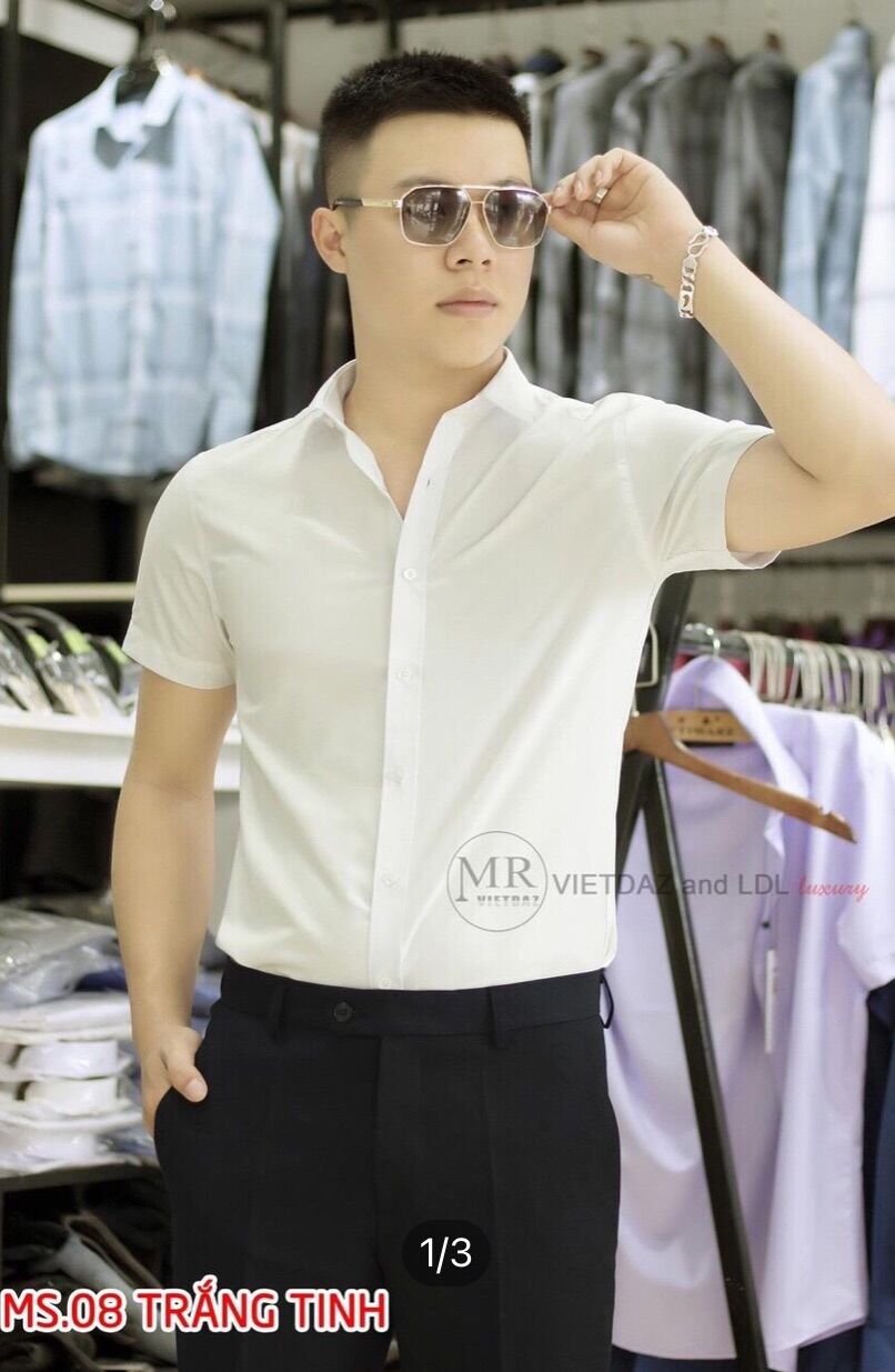 [HCM]Áo Sơ Mi Nam Ngắn Tay Trơn Chất Kate Lụa Kiểu Dáng Công Sở màu trắng