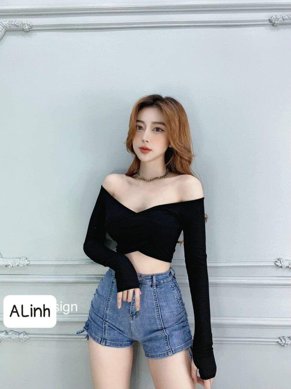 Áo Thun Kiểu Đắp Chéo Tay Dài Croptop Thun Gân