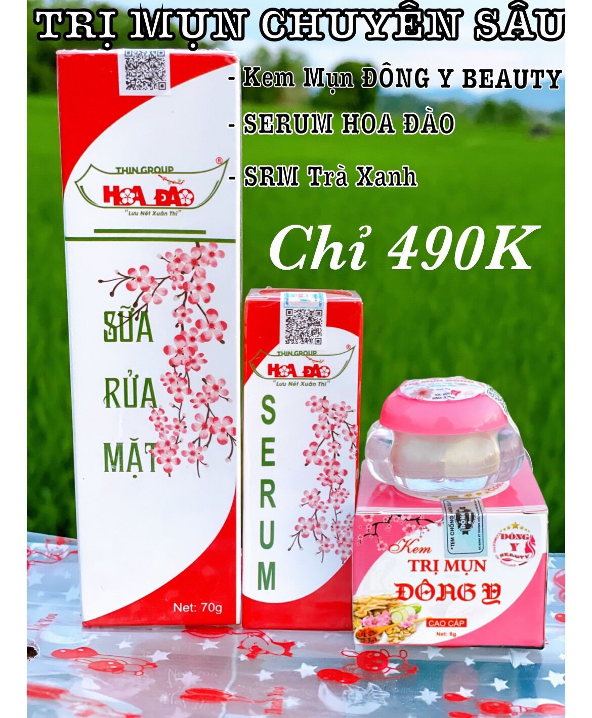 Combo kem mụn đông y - sữa rửa mặt - serrum hoa đào thingroup chính hãng