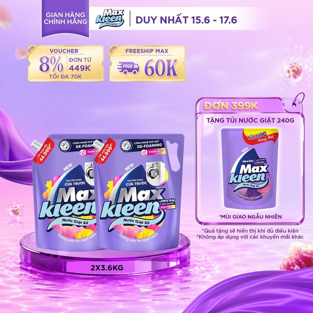 Combo 2 Nước giặt cho máy giặt cửa trước MaxKleen hương Dấu Ấn Ngọt Ngào 3.6kg