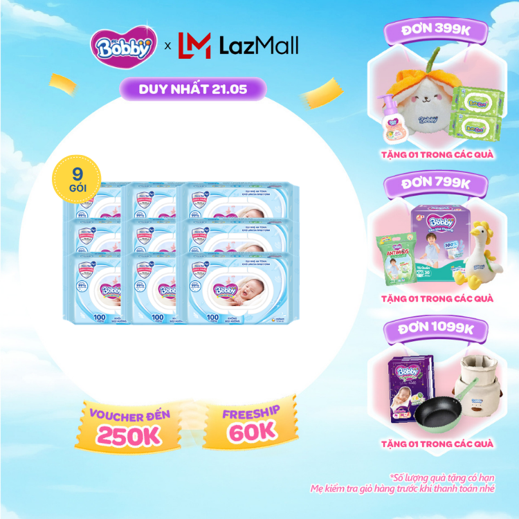 [SALE CUỐI THÁNG tặng QUÀ TO-SLCH]Combo 9 gói khăn ướt Bobby Care không hương 100 miếng/gói