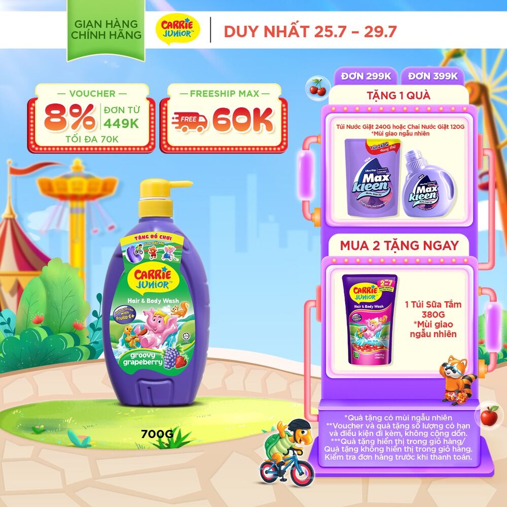 Sữa Tắm Gội cho bé Carrie Junior chiết xuất trái cây thiên nhiên Hương Grapeberry 700g