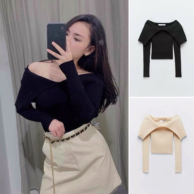 Áo len trễ vai cổ cách điệu phom ôm hàng len QC