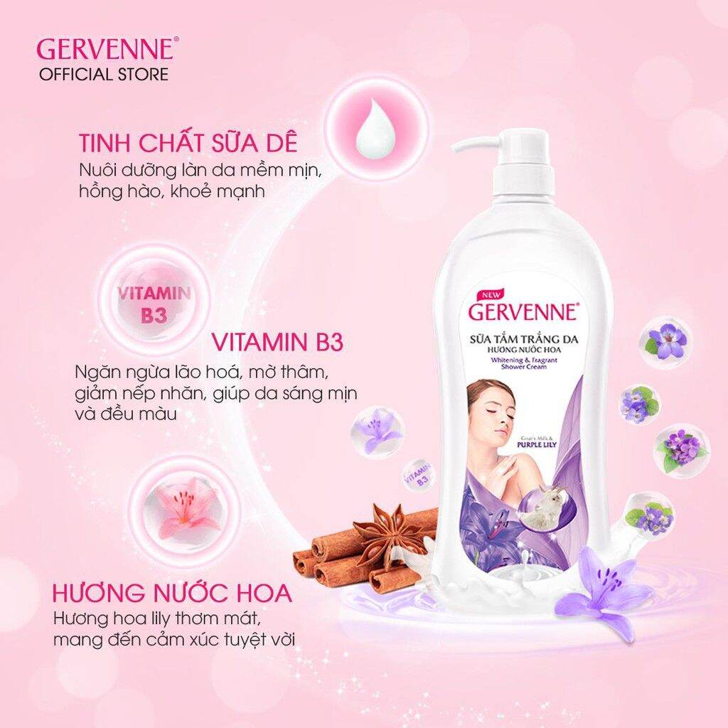 (Tặng túi sữa tắm) Sữa tắm trắng da Gervenne purple lily 900g