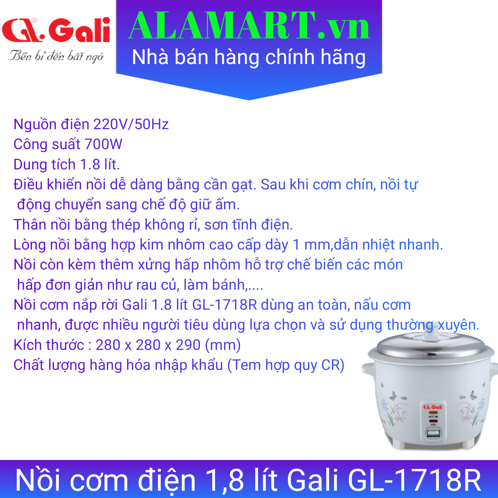 Nồi cơm điện nắp rời Gali GL-1718R 1,8 lít