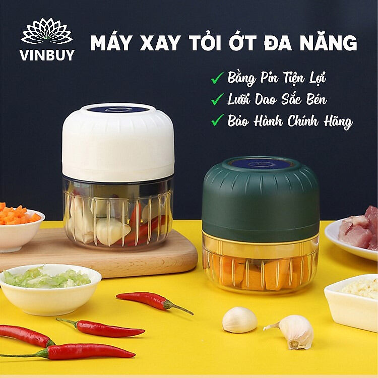  Máy Xay Tỏi Ớt Pin Sạc VinBuy Tiện Lợi Xay Đồ Đa Năng Xay Đồ Ăn Dặm Cho Bé Với 3 Lưỡi Dao Thép Không Gỉ Dung Tích 100ml 250ml - Chính Hãng 