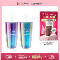 Ly nhựa 2 lớp Lock&Lock màu Violet kèm ống hút Your Own Rainbow double wall cold cup with straw HAP507VOLH