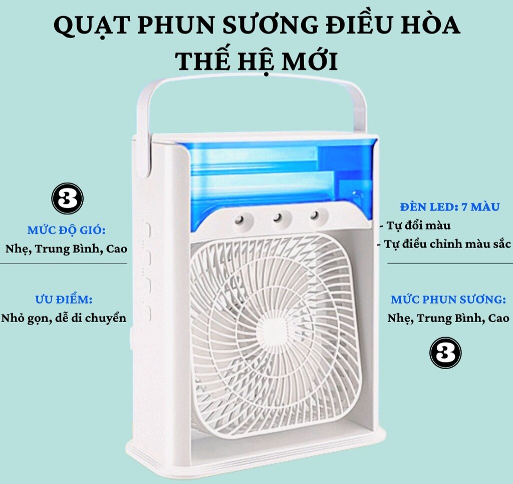 Quạt điều hoà phun sương mini để bàn cho làm việc, học tập, mát, êm, đèn led đổi màu đẹp