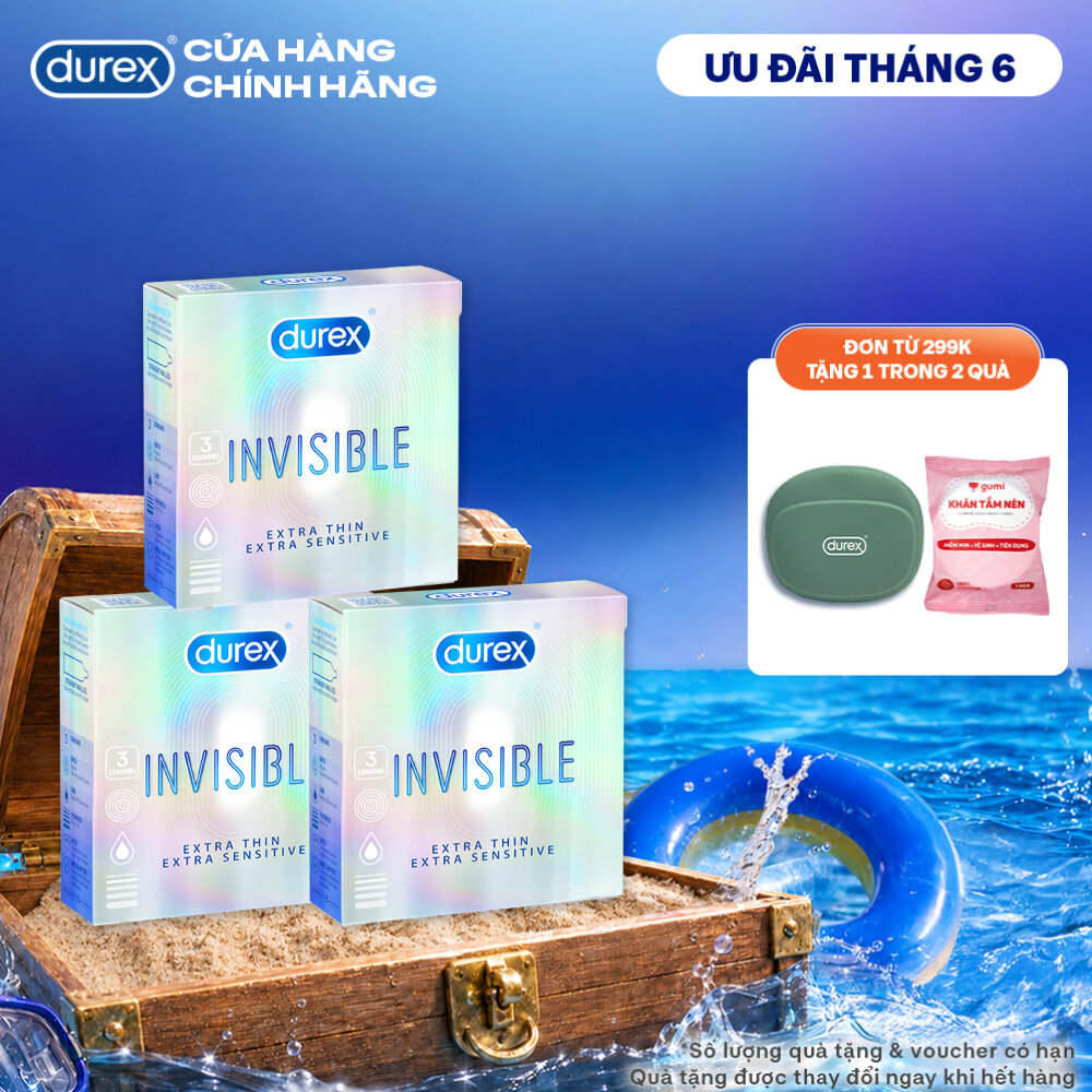 Bộ 3 hộp bao cao su Durex Invisible  Extra Thin Extra Sensitive siêu mỏng, size 52mm, 3 bao/hộp
