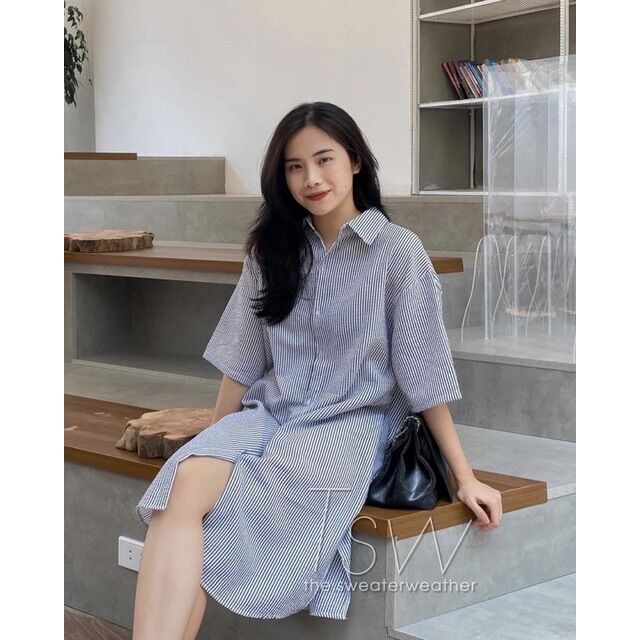 Đầm Sọc Dài Thời Trang Form Suông Xanh Nhạt Size SML ( Có Sẵn )