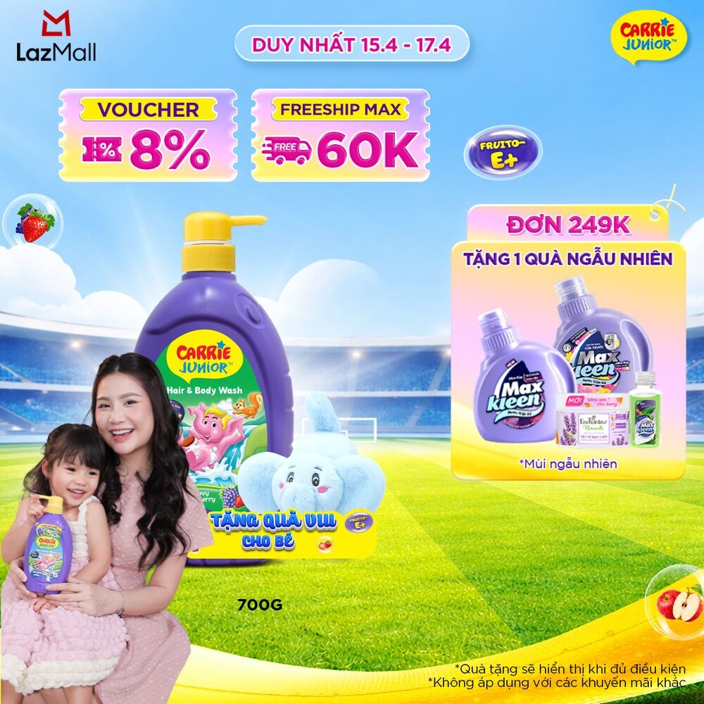 [TẶNG KÈM Voi bông | màu ngẫu nhiên] Chai Sữa Tắm Gội Cho Bé Carrie Junior chiết xuất trái cây thiên nhiên hương Grapeberry 700g