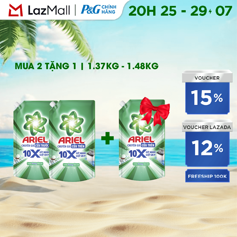 [MUA 2 TẶNG 1] Combo 3 Nước Giặt Gel ARIEL 10X Sức Mạnh Giặt Sạch Chuyên Gia Cửa Trước-Cửa Trên Hương Downy Nắng Sớm Túi1.37KG/1.48KG