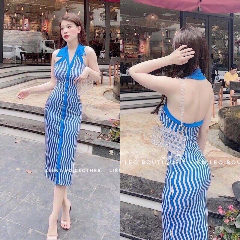 Đầm váy body len kẻ zic zắc kiểu yếm có cổ bẻ hot hit