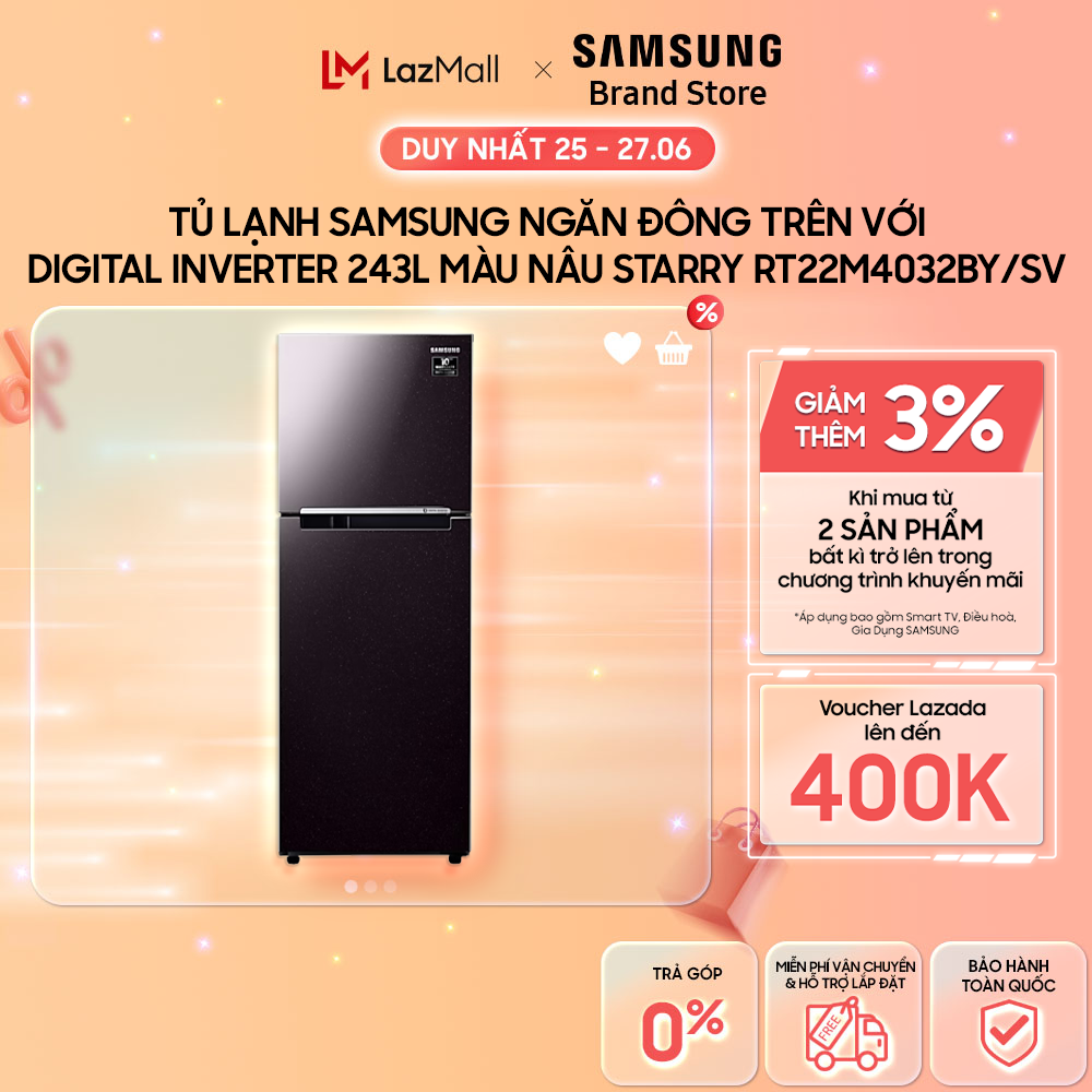 [MIỄN PHÍ VẬN CHUYỂN] Tủ Lạnh Samsung Ngăn Đông Trên với Digital Inverter 243L màu Nâu Starry RT22M4032BY/SV