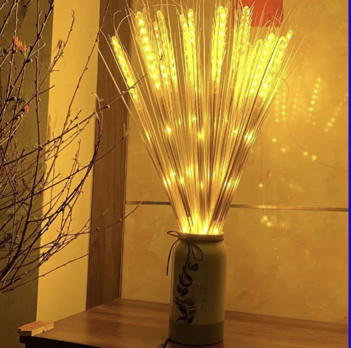 Nháy led bông lúa, bó 10 bông màu vàng ấm kèm phích cắm