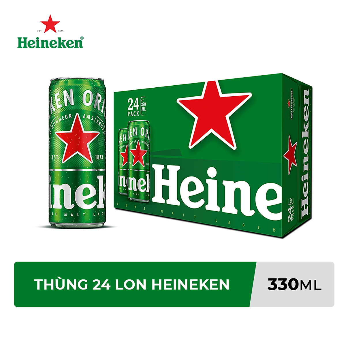 Thùng 24 lon bia Heineken 330ml/lon. Bao bì thường