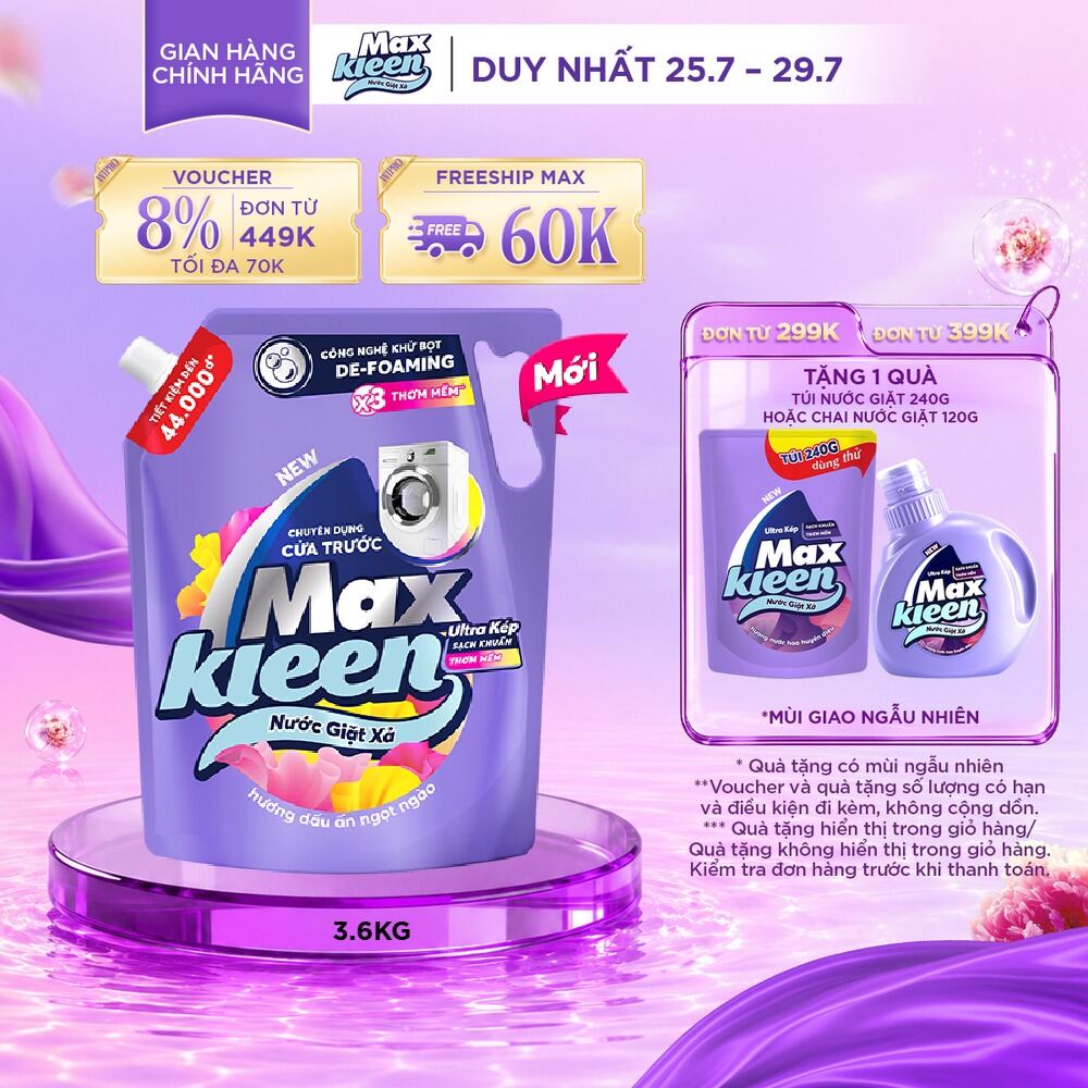 Nước giặt xả cho máy giặt cửa trước MaxKleen hương Dấu Ấn Ngọt Ngào 3.6kg
