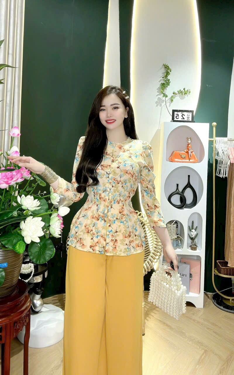 bà ba lụa Mango tay dài dún vai cổ ngọc