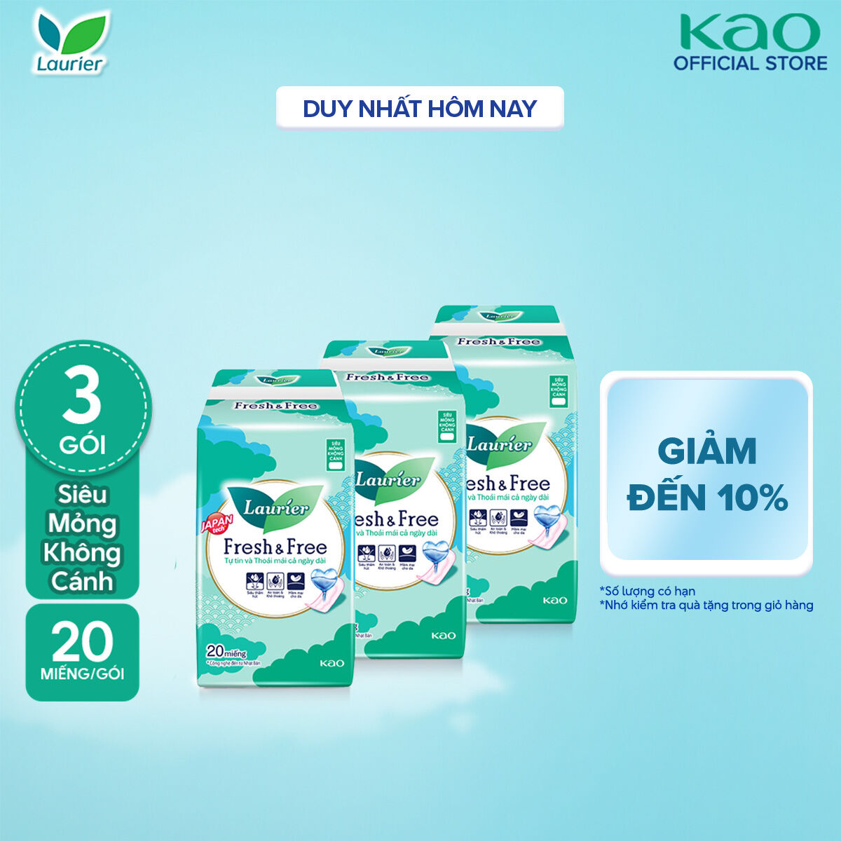 Combo 3 Băng vệ sinh Laurier Fresh  Free Siêu Mỏng